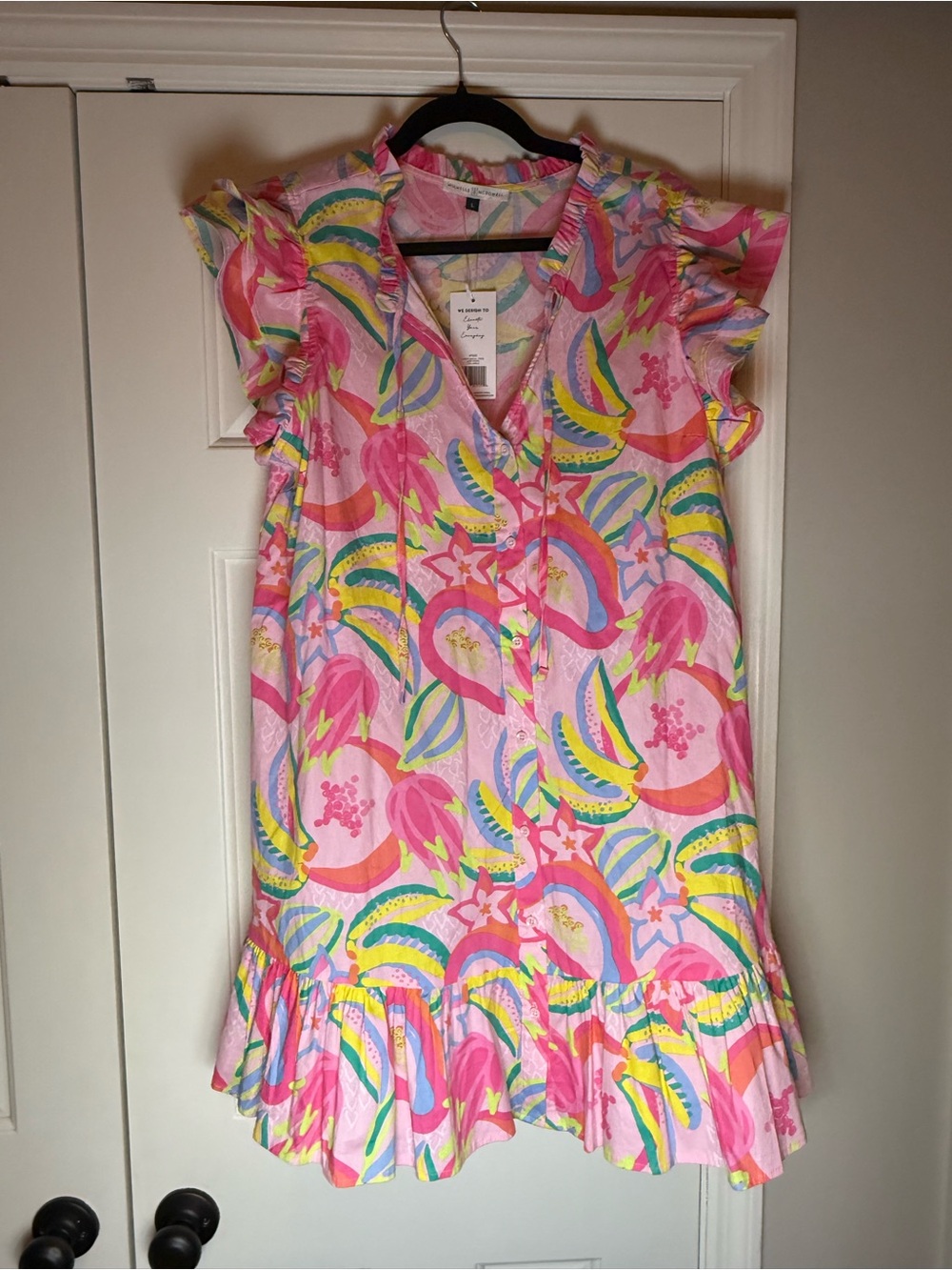 Women's Pink Tropical Print Ruffle-Hem Camisole Dress